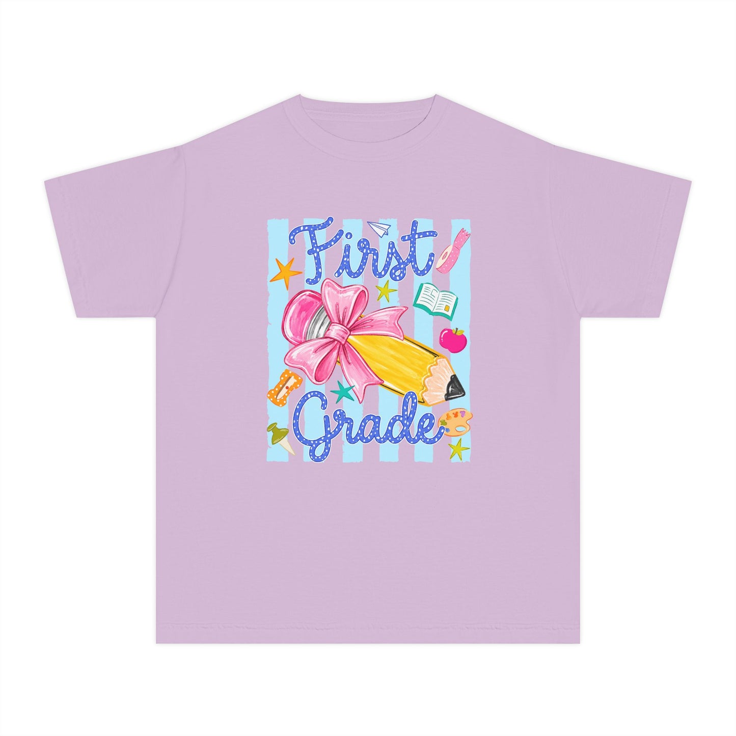 First Grade Youth Tee — Back to School Girls' Cute Pencil & Bow Design