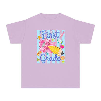 First Grade Youth Tee — Back to School Girls' Cute Pencil & Bow Design