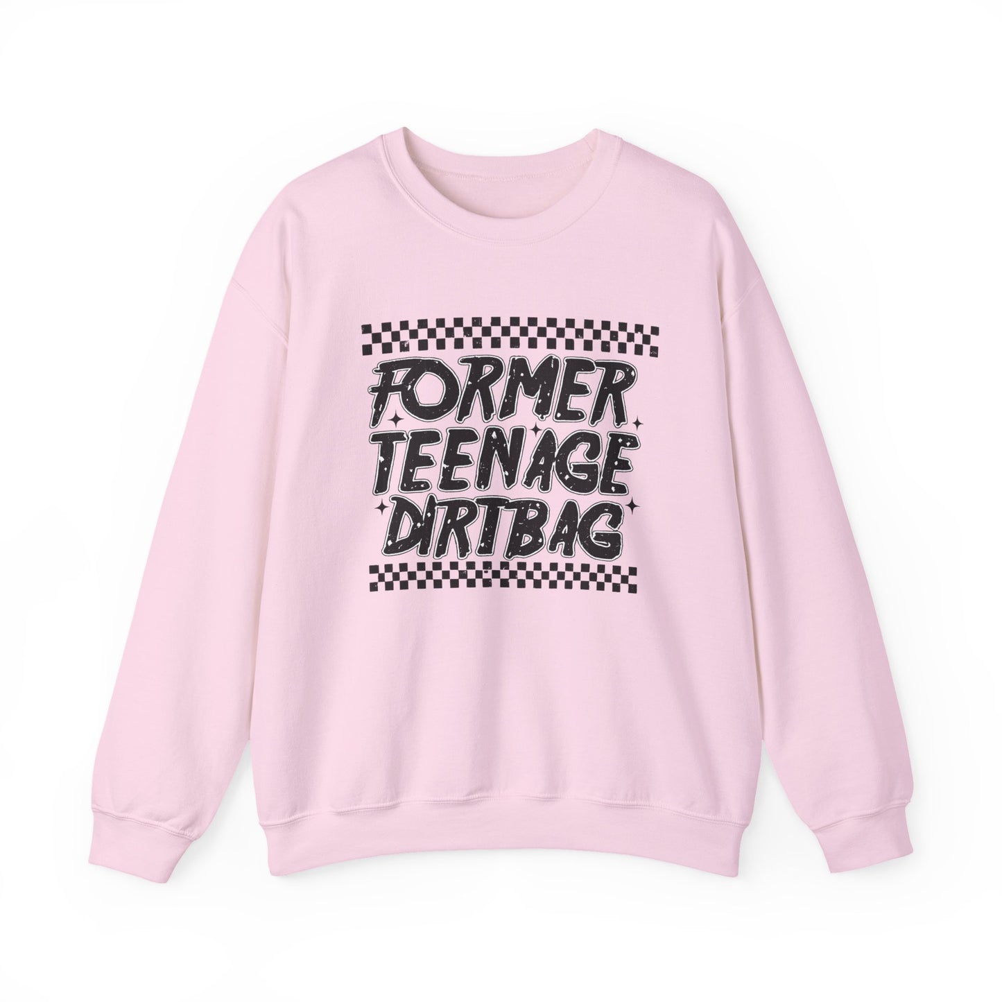 Crewneck Sweatshirt — "Former Teenage Dirtbag" Retro Checkered Graphic