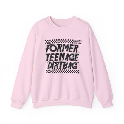 Crewneck Sweatshirt — "Former Teenage Dirtbag" Retro Checkered Graphic