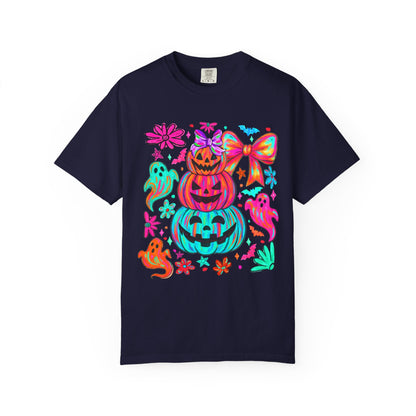 Halloween Neon Pumpkins T-Shirt — Colorful Stack Jack-O’-Lanterns & Ghosts
