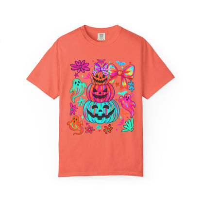 Halloween Neon Pumpkins T-Shirt — Colorful Stack Jack-O’-Lanterns & Ghosts