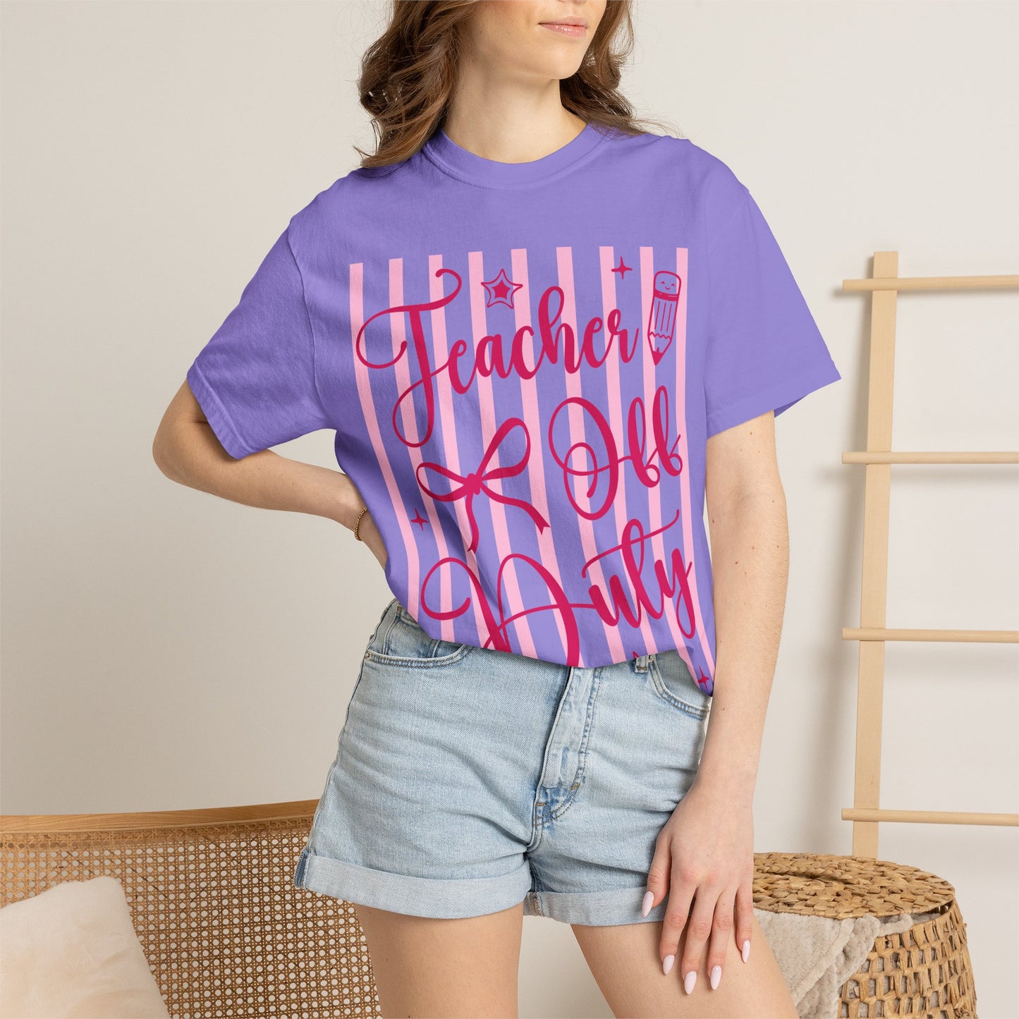 Teacher Off Duty T-Shirt — Pink Script Teacher Appreciation Tee