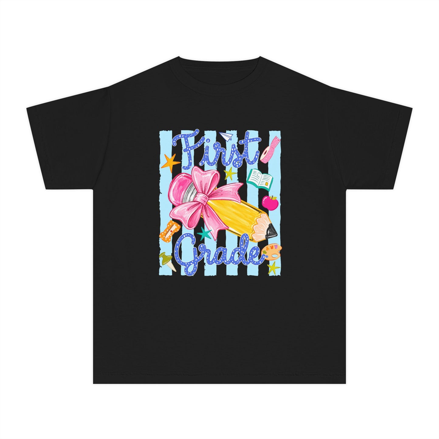First Grade Youth Tee — Back to School Girls' Cute Pencil & Bow Design