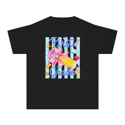 First Grade Youth Tee — Back to School Girls' Cute Pencil & Bow Design
