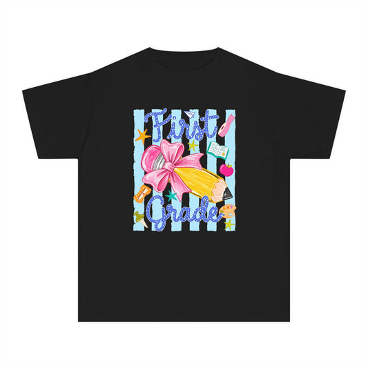 First Grade Youth Tee — Back to School Girls' Cute Pencil & Bow Design
