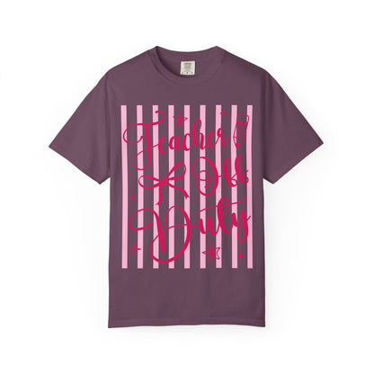 Teacher Off Duty T-Shirt — Pink Script Teacher Appreciation Tee