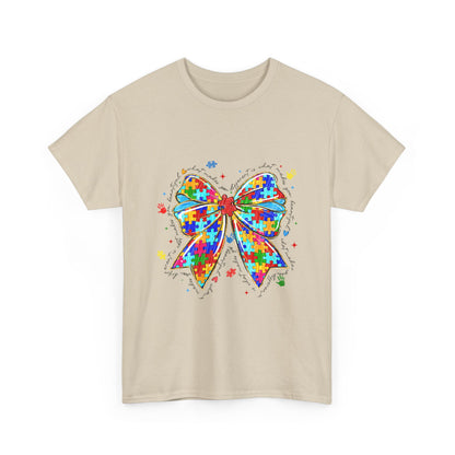 Autism Awareness Puzzle Bow T-Shirt — Colorful Support Ribbon Tee