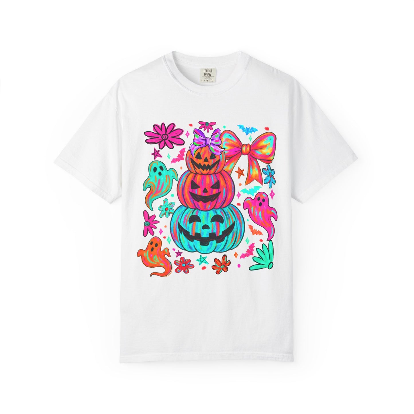 Halloween Neon Pumpkins T-Shirt — Colorful Stack Jack-O’-Lanterns & Ghosts