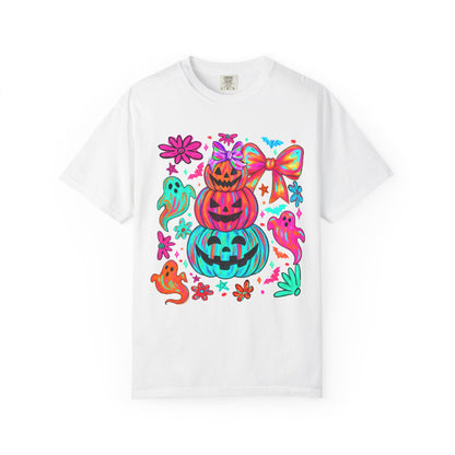 Halloween Neon Pumpkins T-Shirt — Colorful Stack Jack-O’-Lanterns & Ghosts
