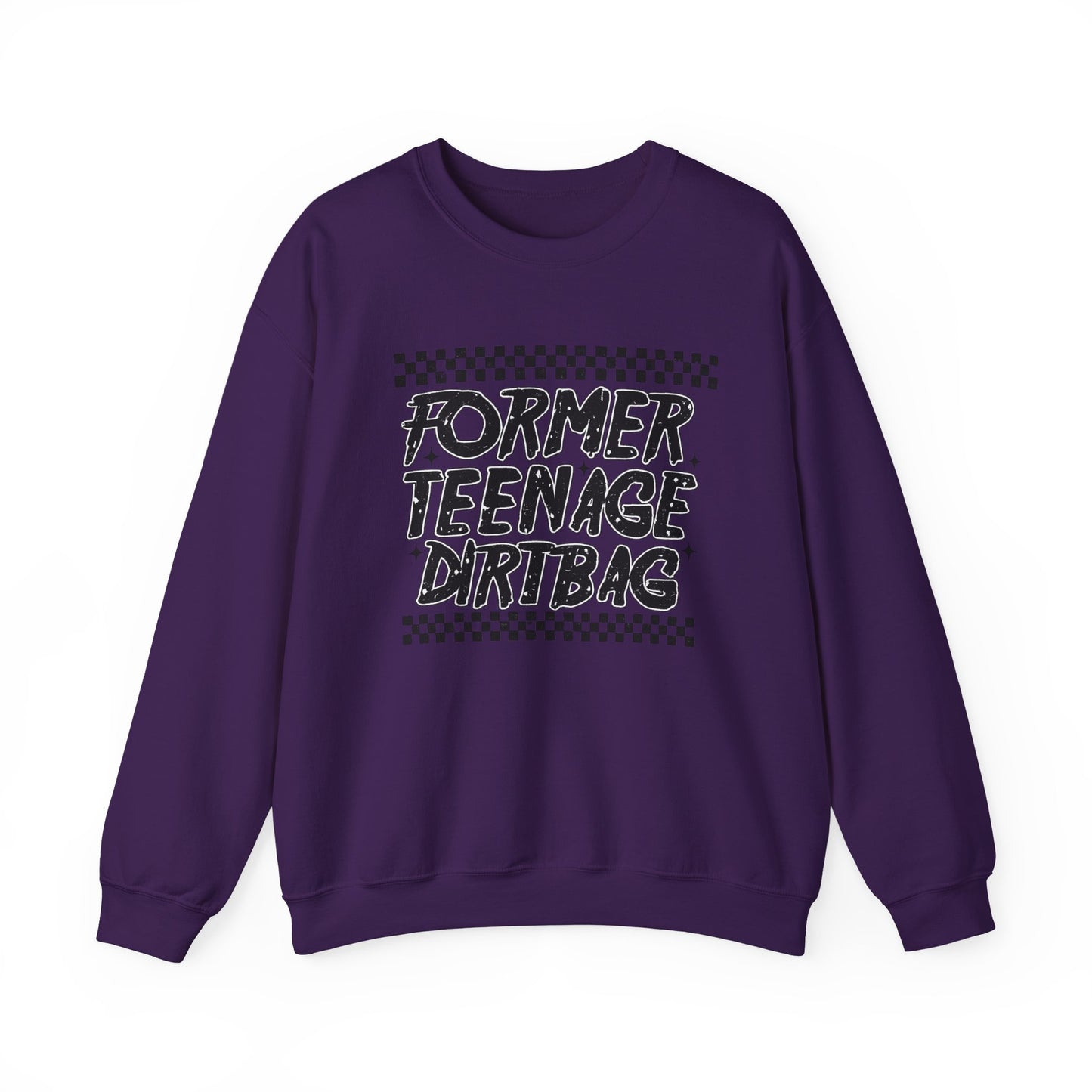 Crewneck Sweatshirt — "Former Teenage Dirtbag" Retro Checkered Graphic