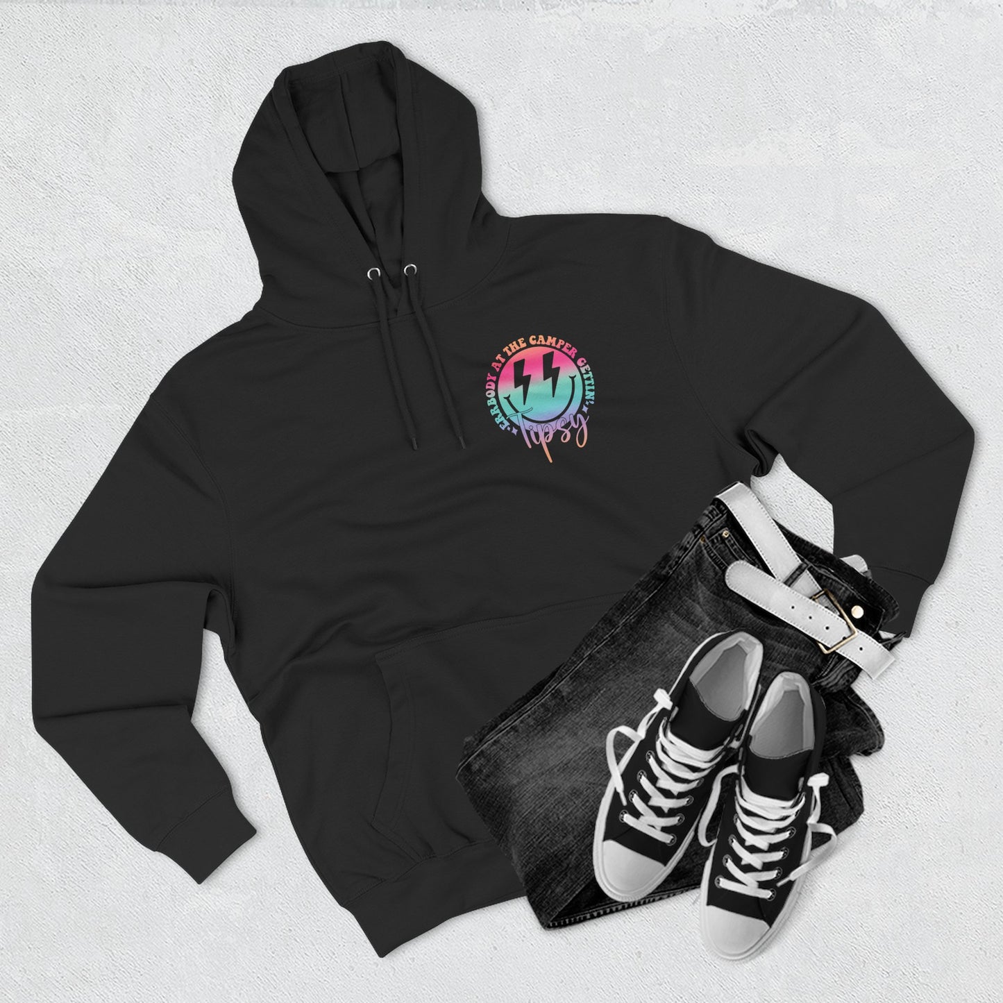 Gettin' Tipsy Camper Hoodie — Retro Pastel Camping Graphic Fleece