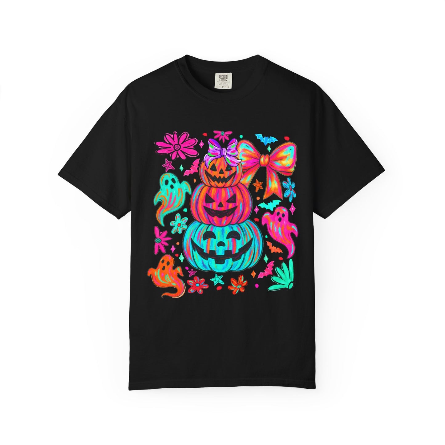 Halloween Neon Pumpkins T-Shirt — Colorful Stack Jack-O’-Lanterns & Ghosts