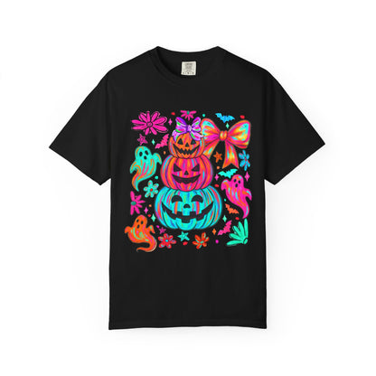 Halloween Neon Pumpkins T-Shirt — Colorful Stack Jack-O’-Lanterns & Ghosts