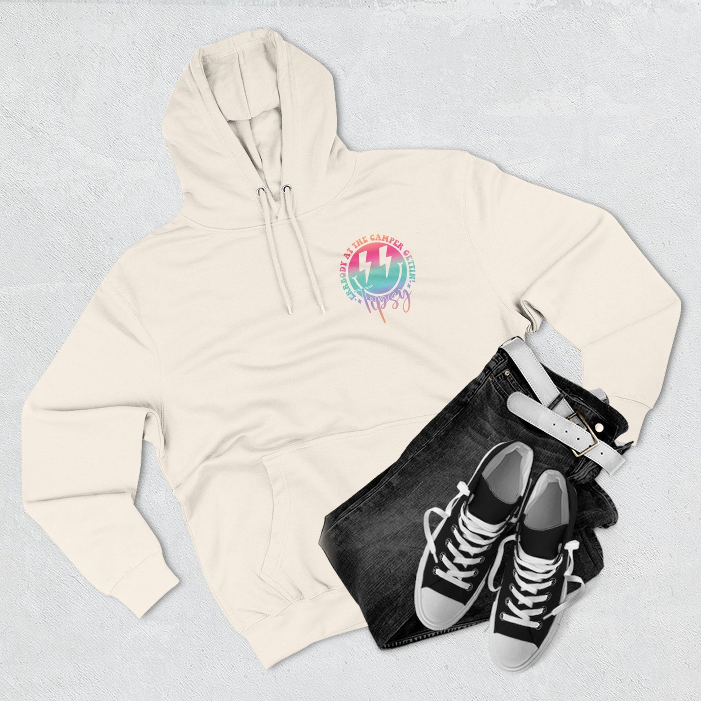 Gettin' Tipsy Camper Hoodie — Retro Pastel Camping Graphic Fleece