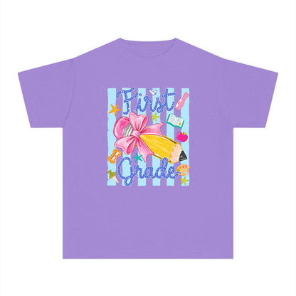 First Grade Youth Tee — Back to School Girls' Cute Pencil & Bow Design