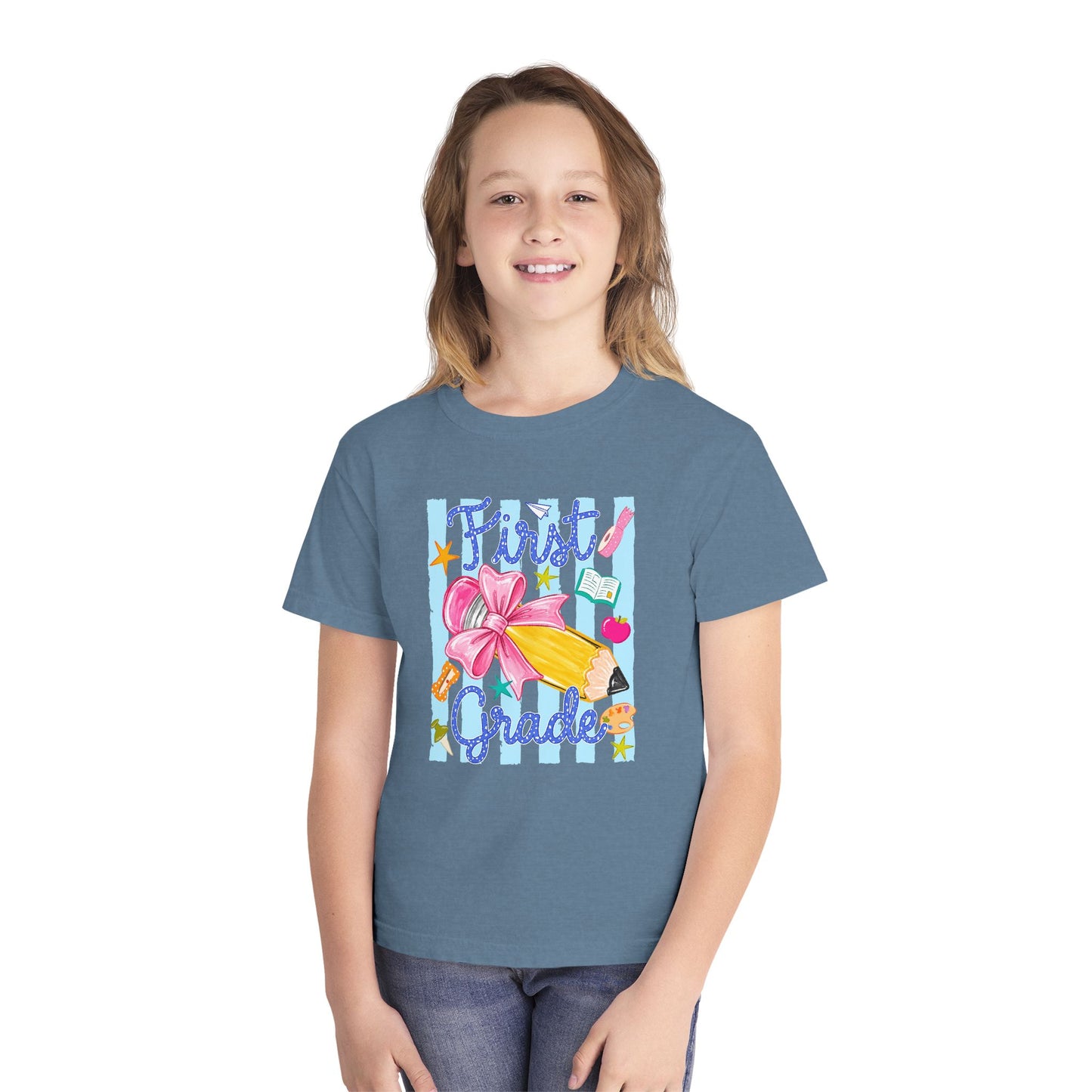 First Grade Youth Tee — Back to School Girls' Cute Pencil & Bow Design
