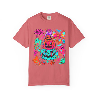 Halloween Neon Pumpkins T-Shirt — Colorful Stack Jack-O’-Lanterns & Ghosts