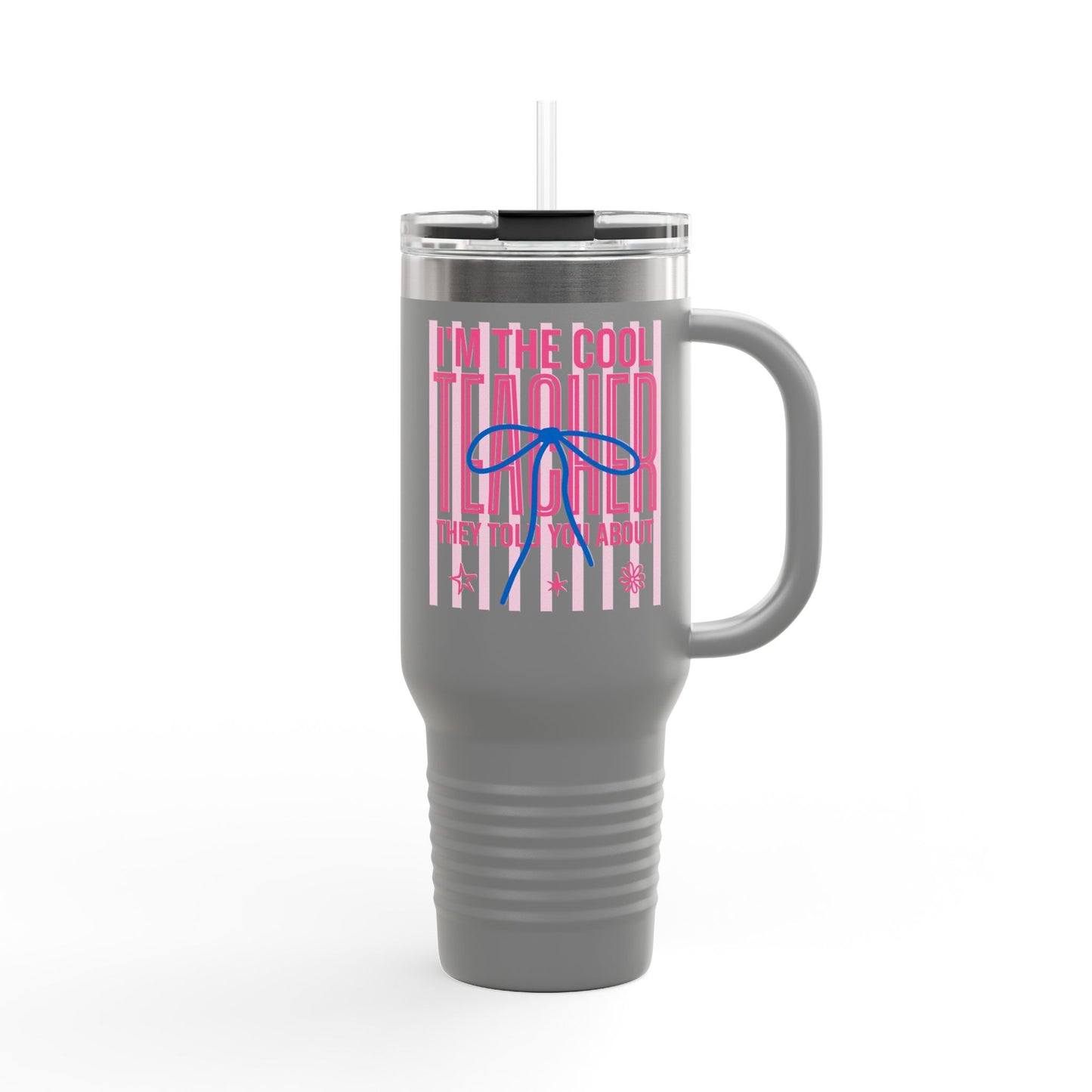 40oz Insulated Travel Mug — "I'm the Cool Teacher They Told You About" Pink Retro Design