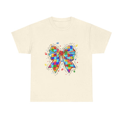 Autism Awareness Puzzle Bow T-Shirt — Colorful Support Ribbon Tee
