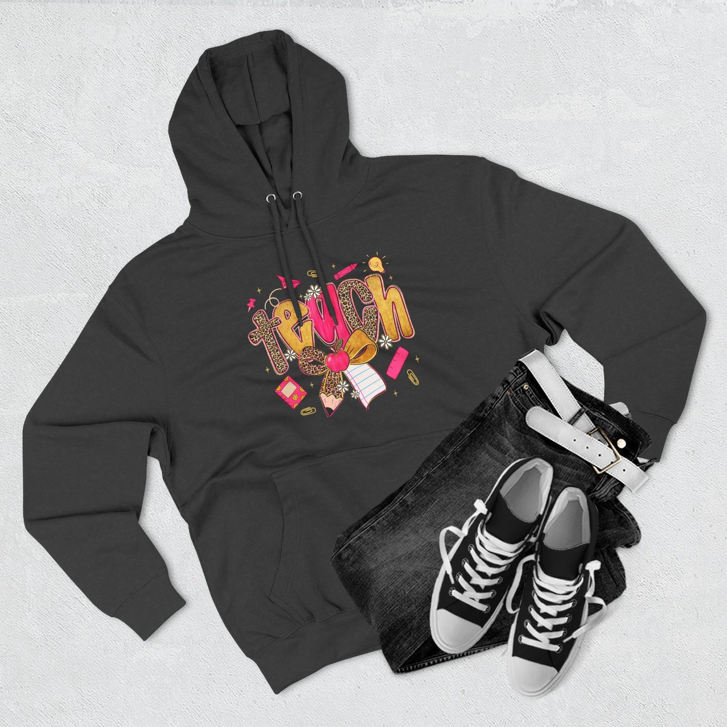 Teacher Cute Graphic Hoodie — "Teach" School Supplies Design