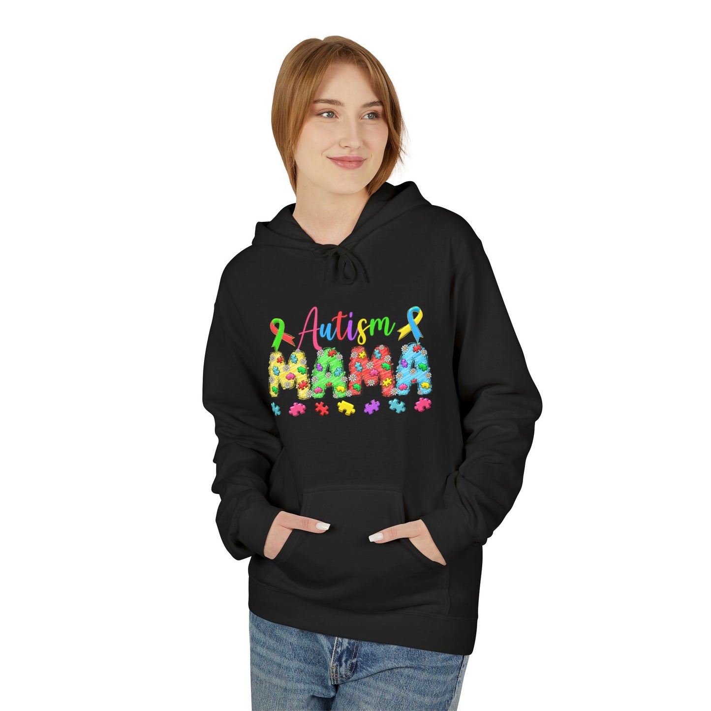 Autism Mama Hoodie — Colorful Puzzle-Print Mom Sweatshirt