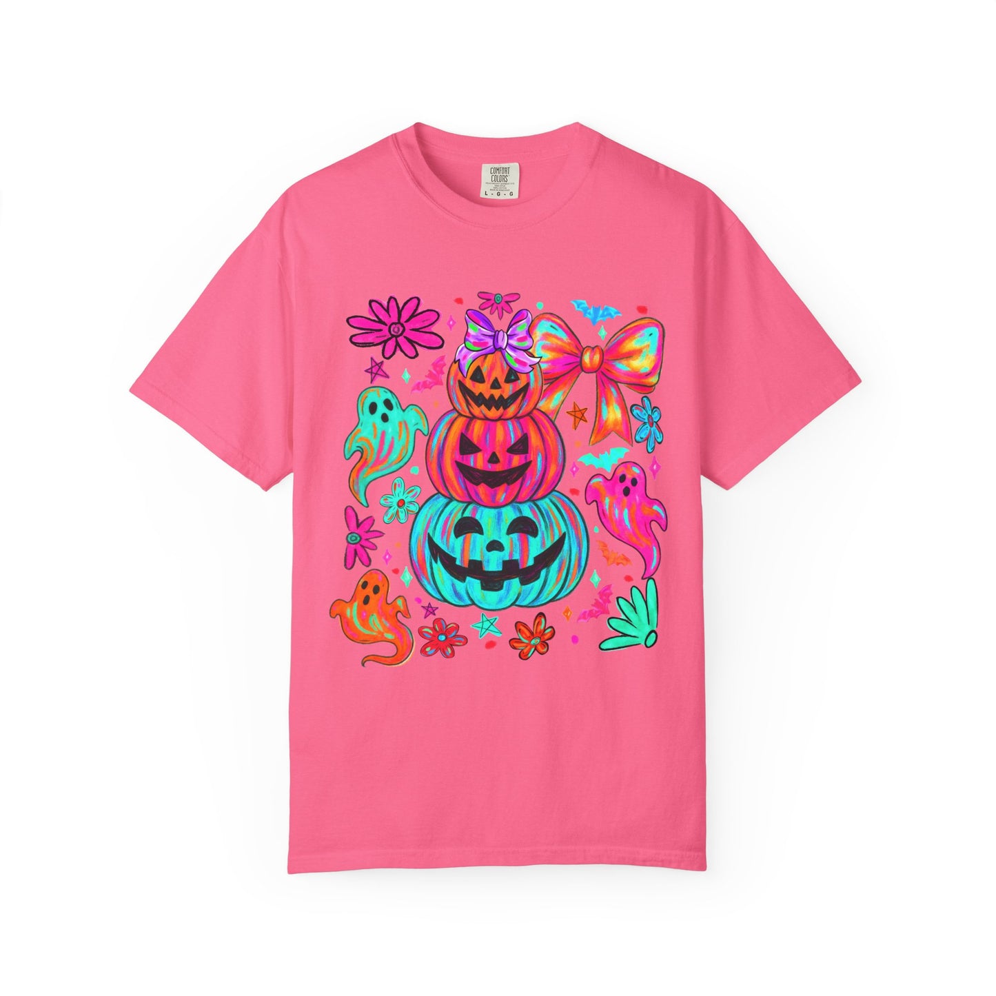 Halloween Neon Pumpkins T-Shirt — Colorful Stack Jack-O’-Lanterns & Ghosts