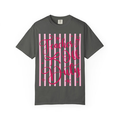 Teacher Off Duty T-Shirt — Pink Script Teacher Appreciation Tee