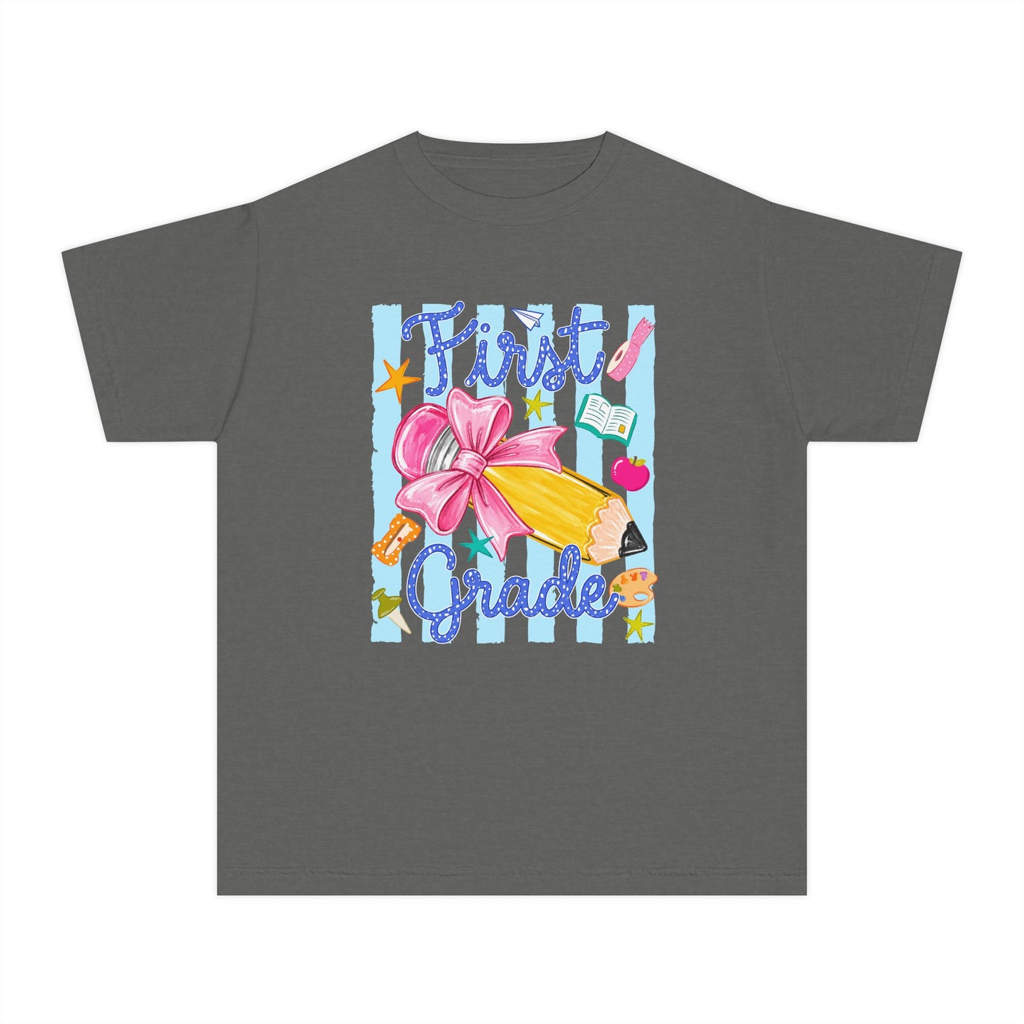 First Grade Youth Tee — Back to School Girls' Cute Pencil & Bow Design