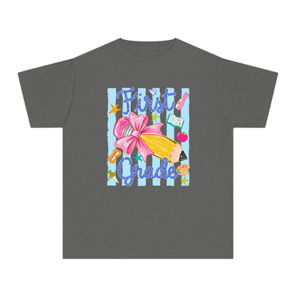 First Grade Youth Tee — Back to School Girls' Cute Pencil & Bow Design
