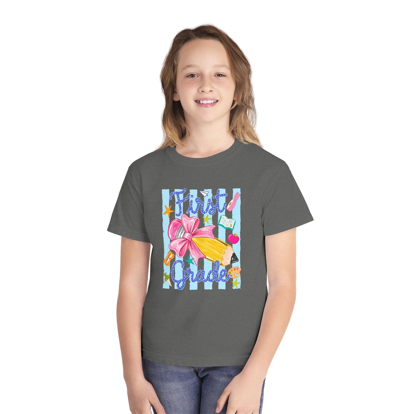 First Grade Youth Tee — Back to School Girls' Cute Pencil & Bow Design