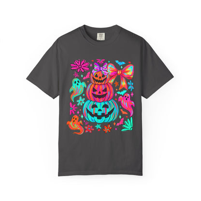 Halloween Neon Pumpkins T-Shirt — Colorful Stack Jack-O’-Lanterns & Ghosts