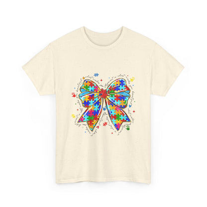 Autism Awareness Puzzle Bow T-Shirt — Colorful Support Ribbon Tee