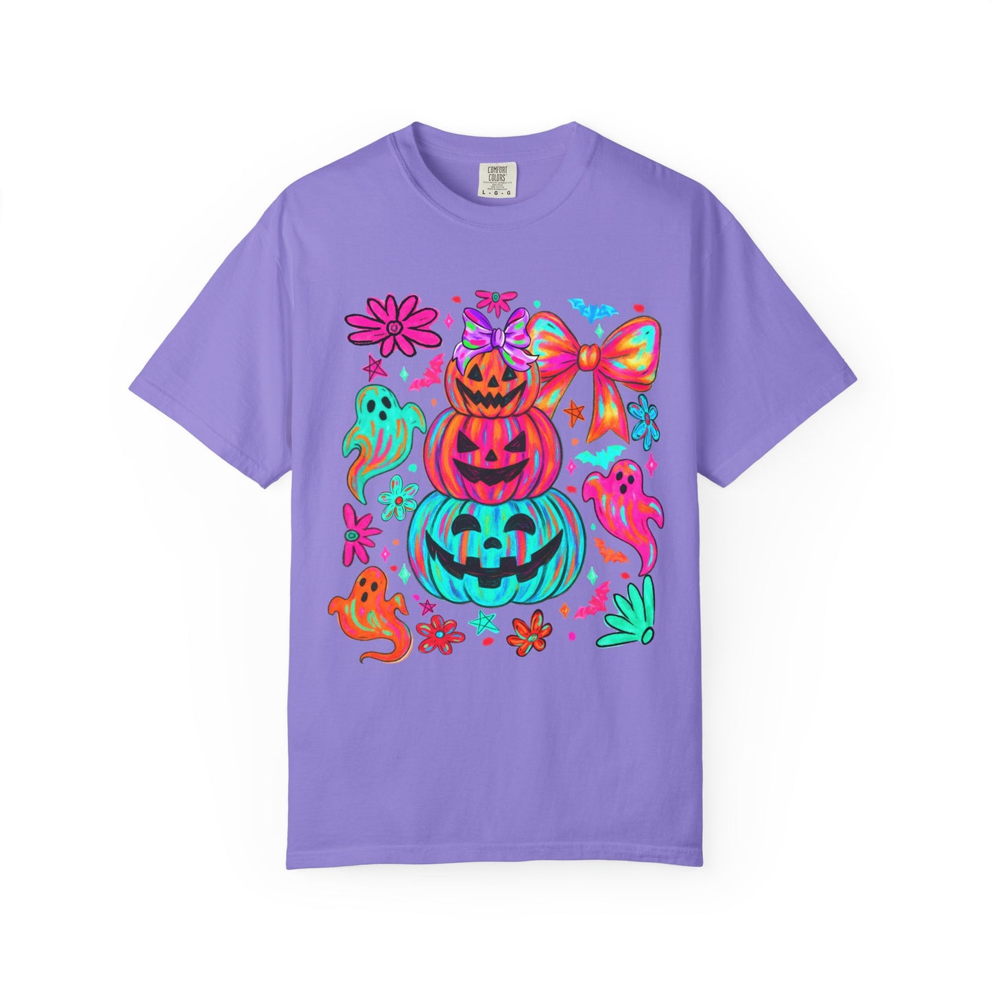 Halloween Neon Pumpkins T-Shirt — Colorful Stack Jack-O’-Lanterns & Ghosts