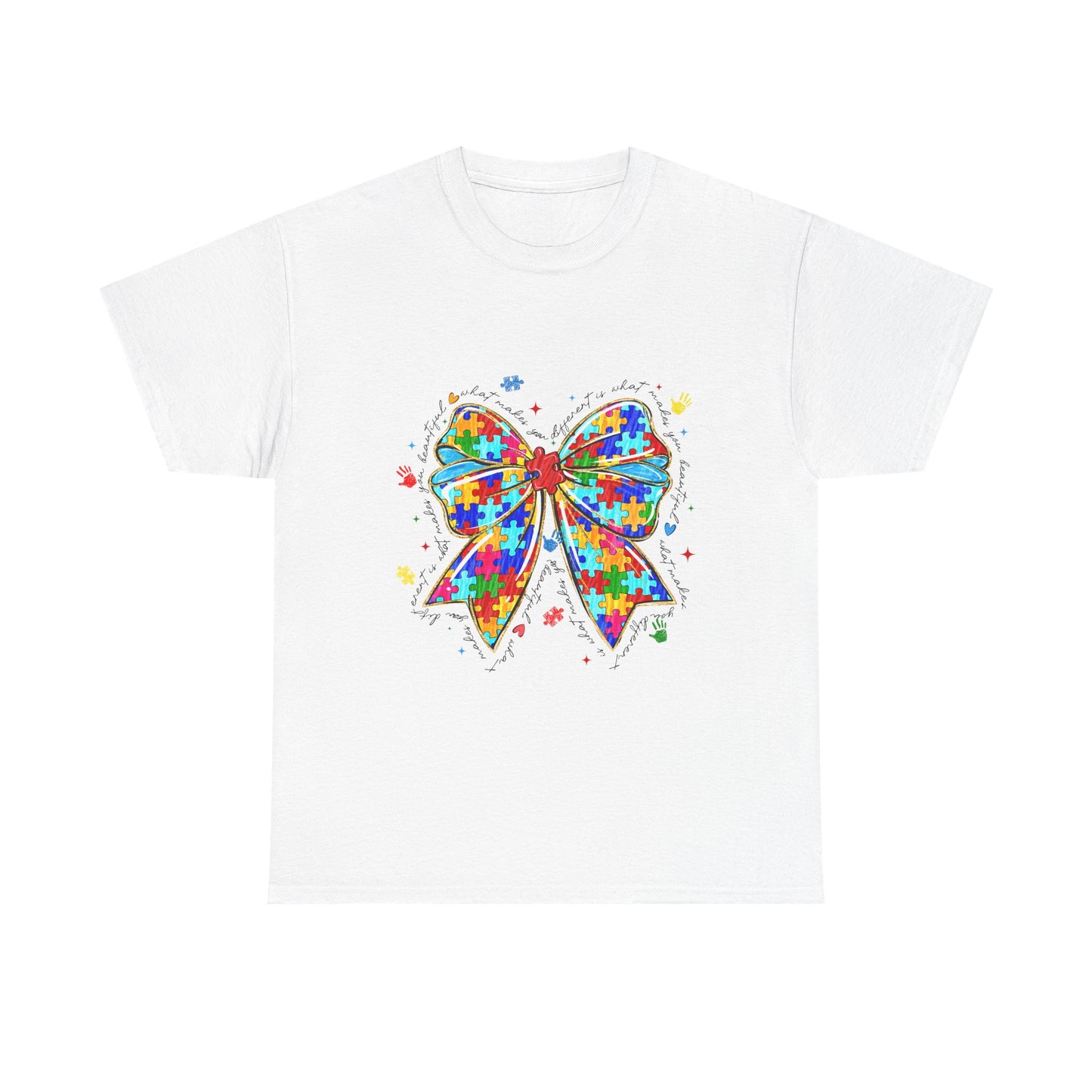 Autism Awareness Puzzle Bow T-Shirt — Colorful Support Ribbon Tee