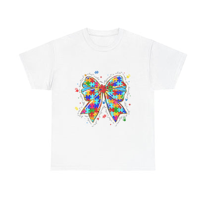 Autism Awareness Puzzle Bow T-Shirt — Colorful Support Ribbon Tee