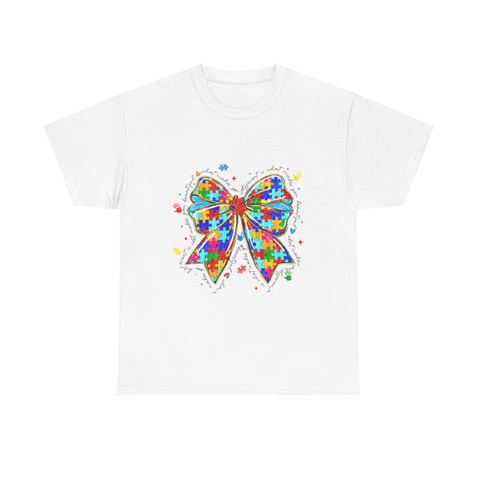 Autism Awareness Puzzle Bow T-Shirt — Colorful Support Ribbon Tee