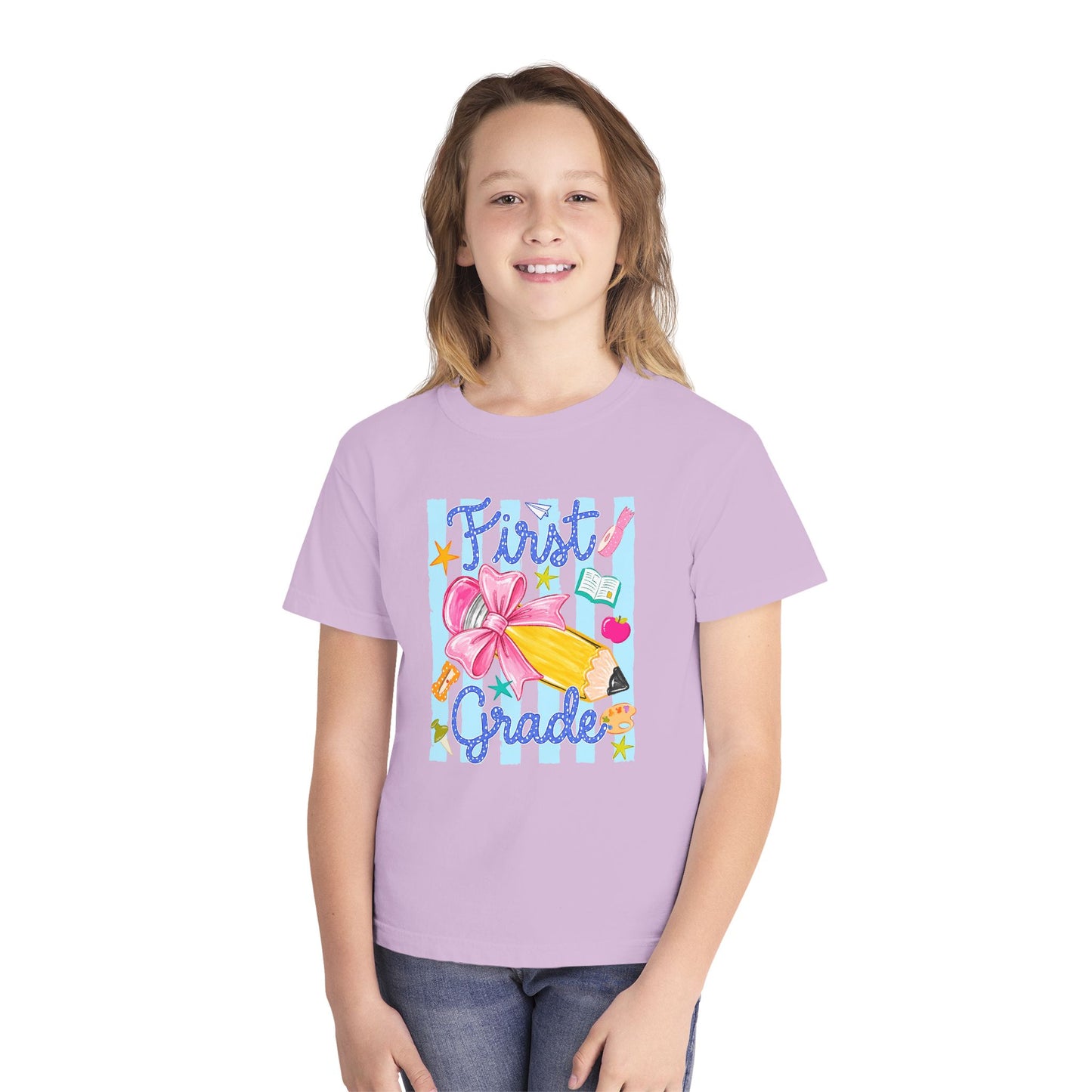 First Grade Youth Tee — Back to School Girls' Cute Pencil & Bow Design