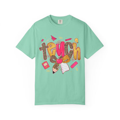 Teacher Graphic T‑Shirt — Colorful 'Teach' School Supplies Design for Educators