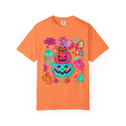 Halloween Neon Pumpkins T-Shirt — Colorful Stack Jack-O’-Lanterns & Ghosts