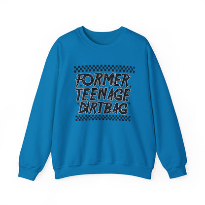 Crewneck Sweatshirt — "Former Teenage Dirtbag" Retro Checkered Graphic