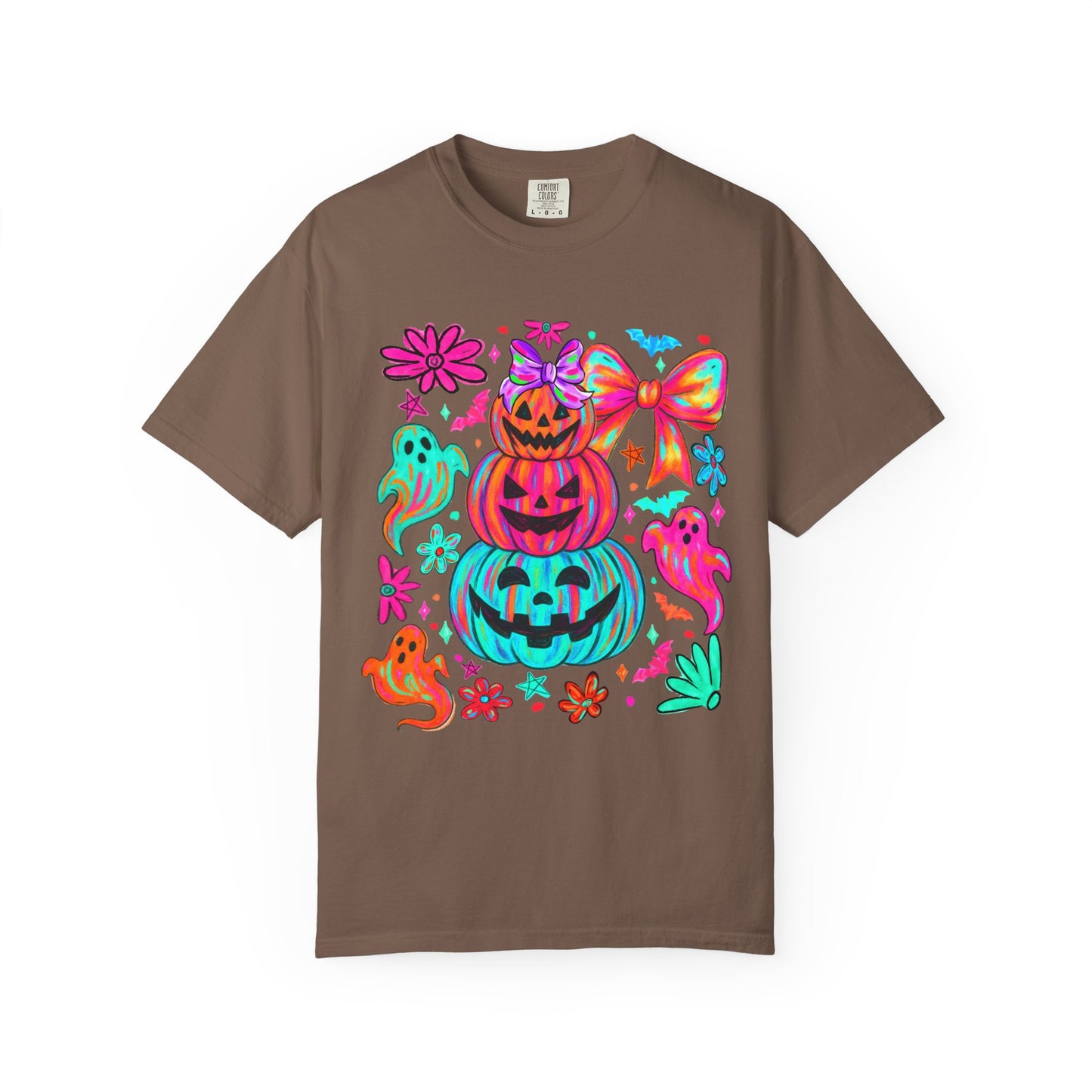 Halloween Neon Pumpkins T-Shirt — Colorful Stack Jack-O’-Lanterns & Ghosts