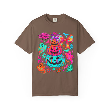 Halloween Neon Pumpkins T-Shirt — Colorful Stack Jack-O’-Lanterns & Ghosts