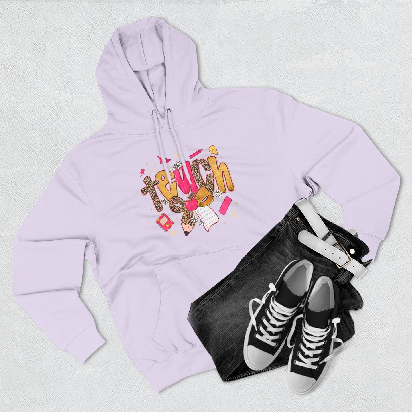 Teacher Cute Graphic Hoodie — "Teach" School Supplies Design