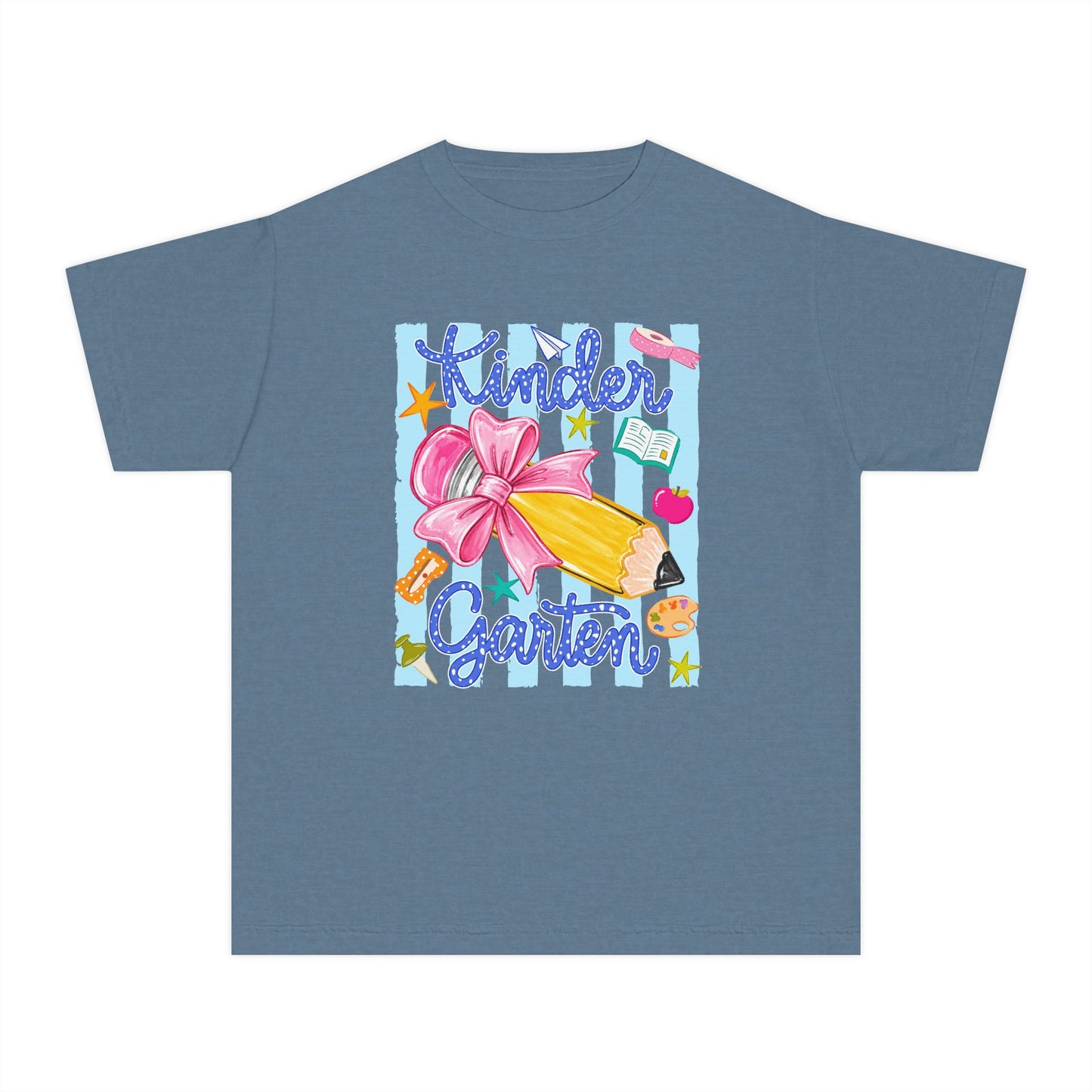 Kindergarten Pencil Bow Youth Tee — Back to School Cute Kids Shirt