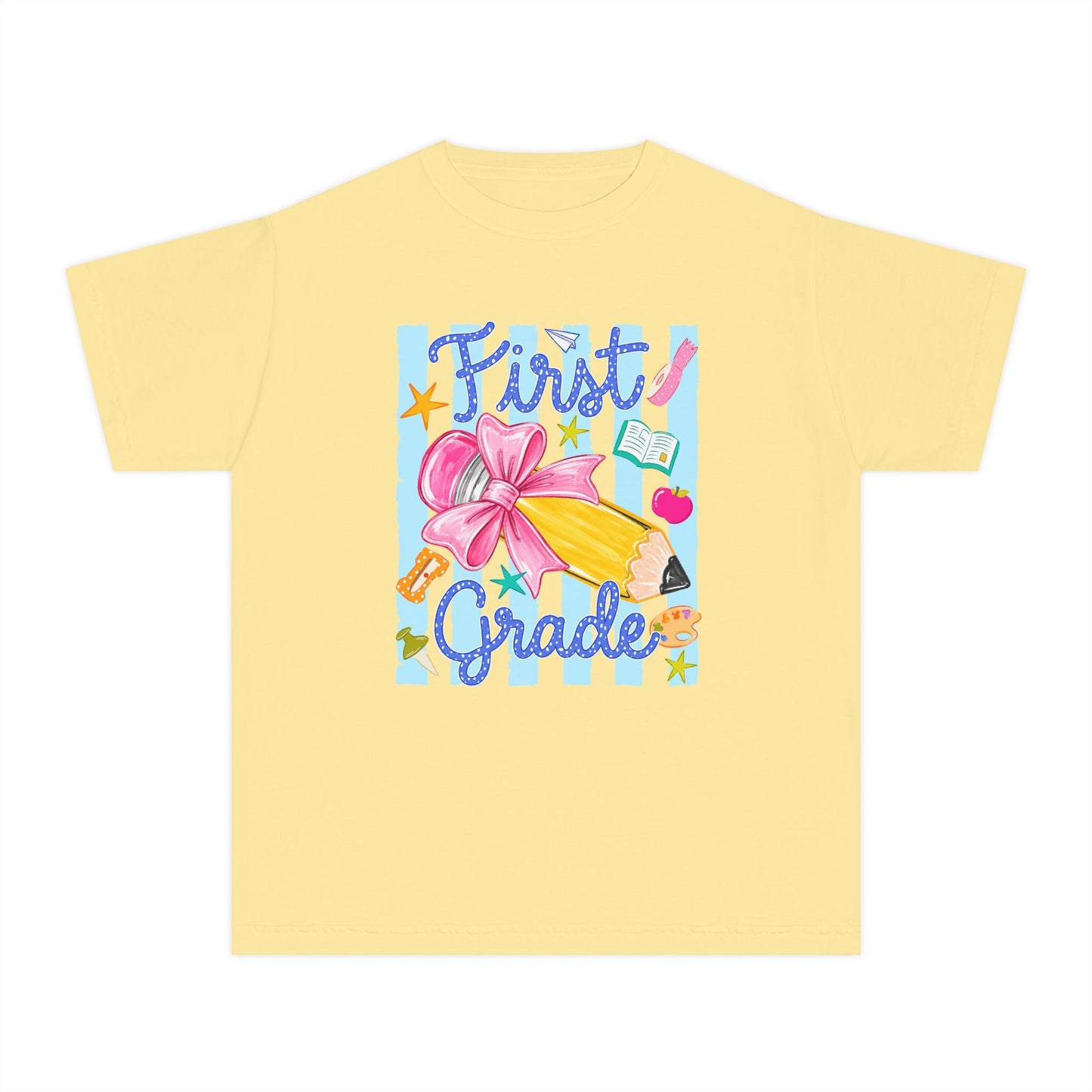 First Grade Youth Tee — Back to School Girls' Cute Pencil & Bow Design