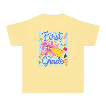First Grade Youth Tee — Back to School Girls' Cute Pencil & Bow Design