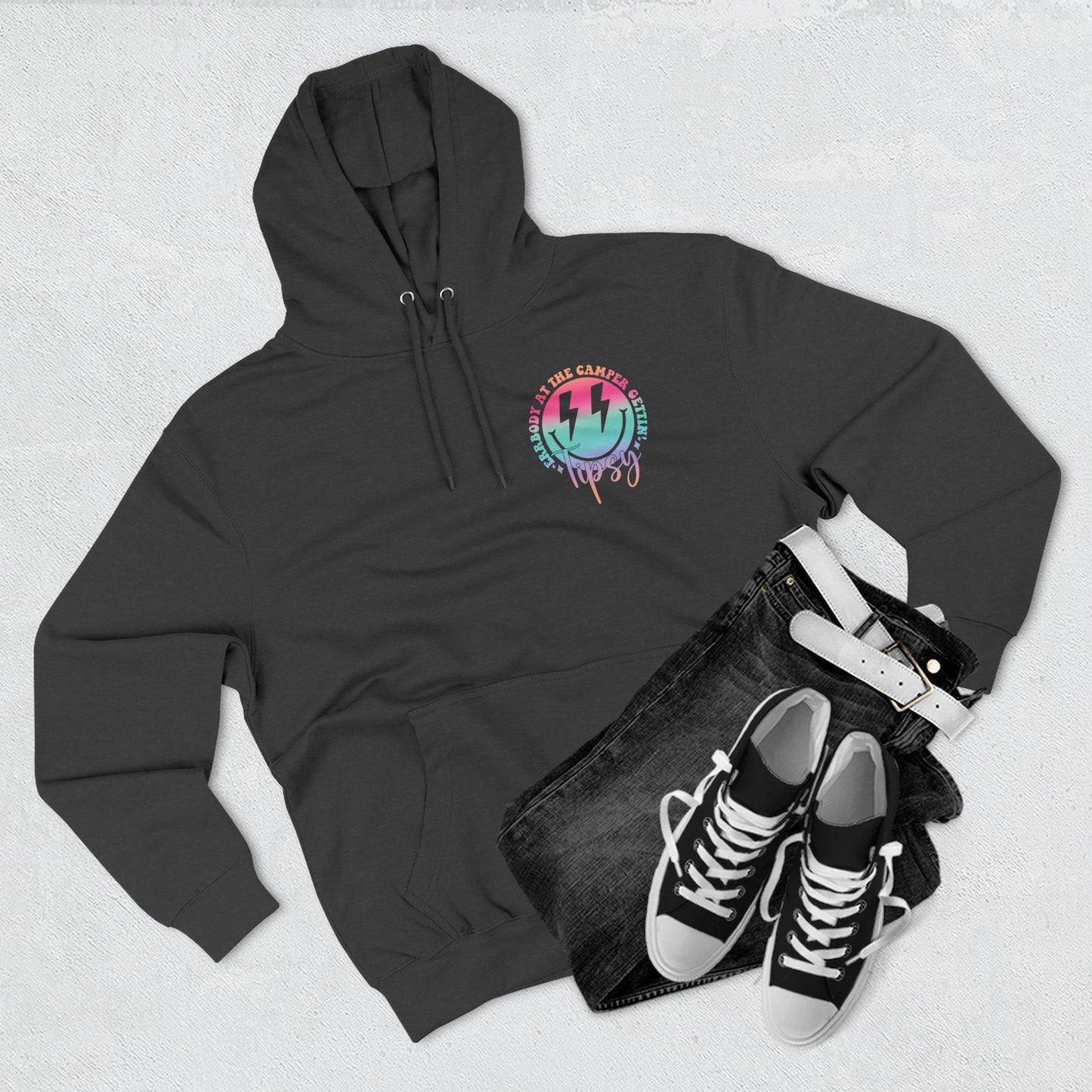 Gettin' Tipsy Camper Hoodie — Retro Pastel Camping Graphic Fleece
