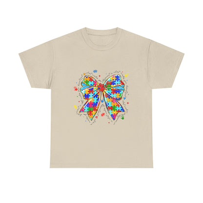 Autism Awareness Puzzle Bow T-Shirt — Colorful Support Ribbon Tee