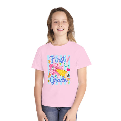 First Grade Youth Tee — Back to School Girls' Cute Pencil & Bow Design